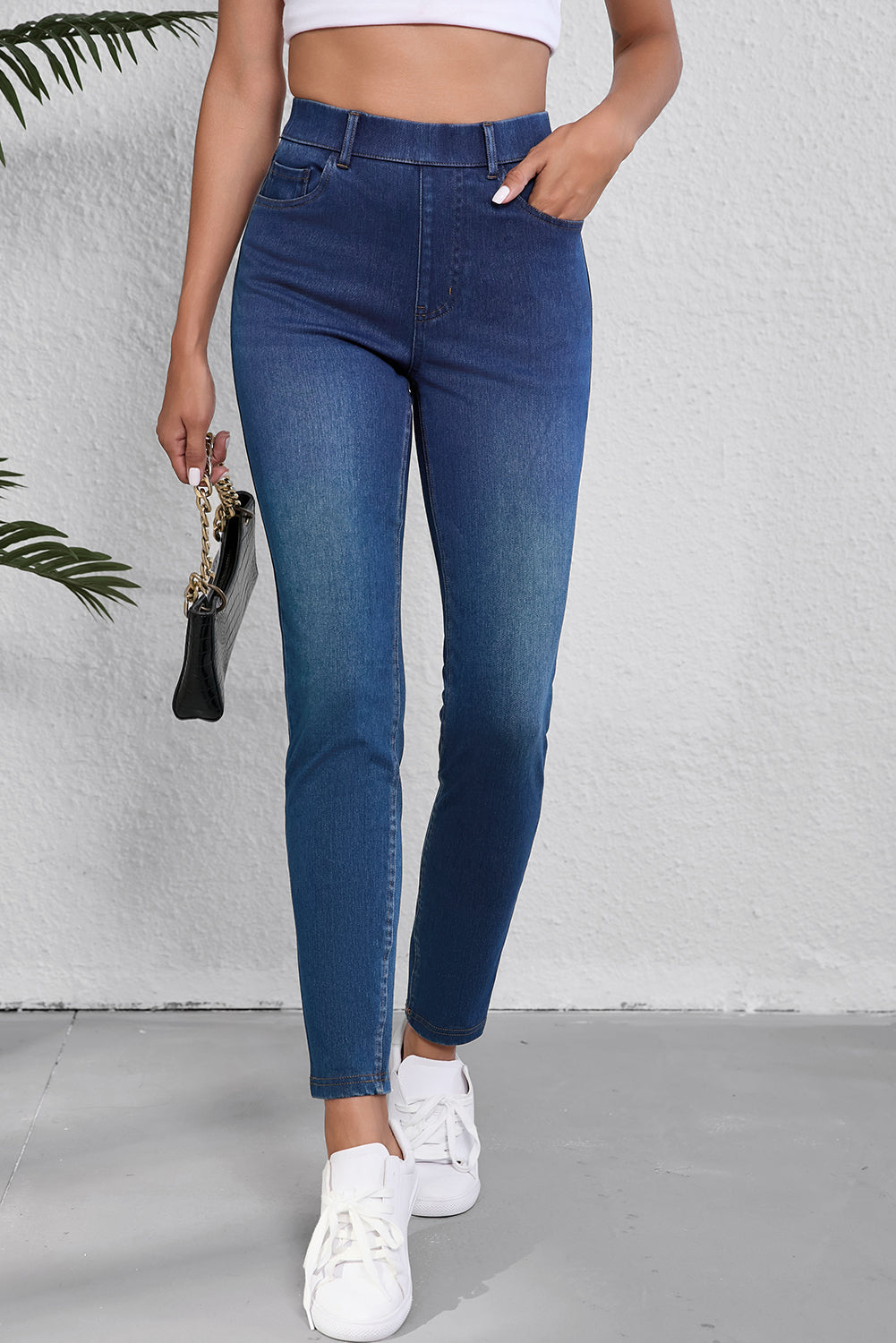 Multiple Pockets Straight Leg Washed Stretchy Knit Casual Jeans | Ashleigh Blue