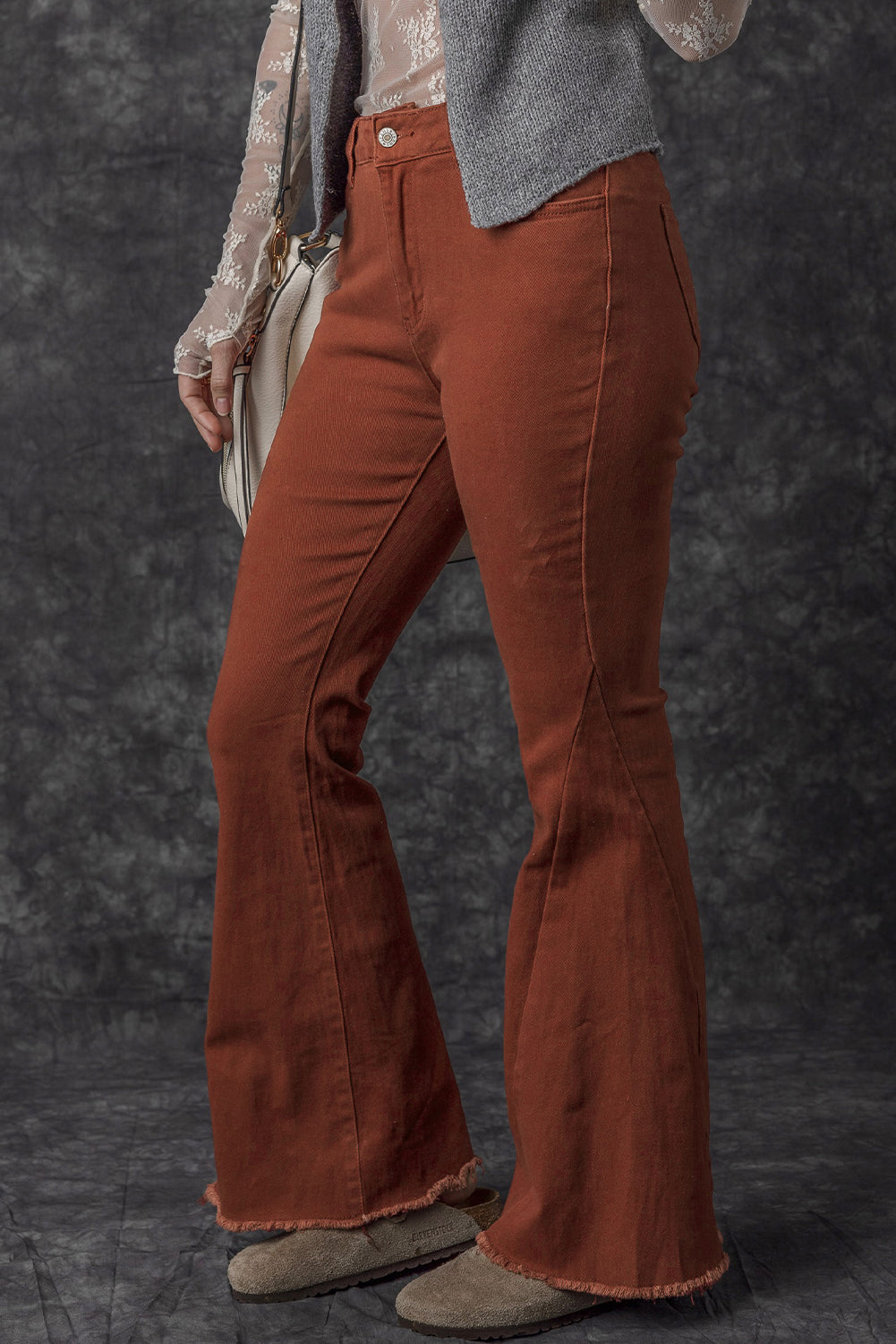 High Waist Raw Hem Flare Jeans | Red