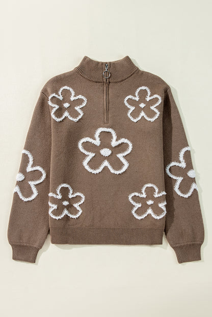 Contrast Flower Half Zipper Stand Neck Sweater | Parchment