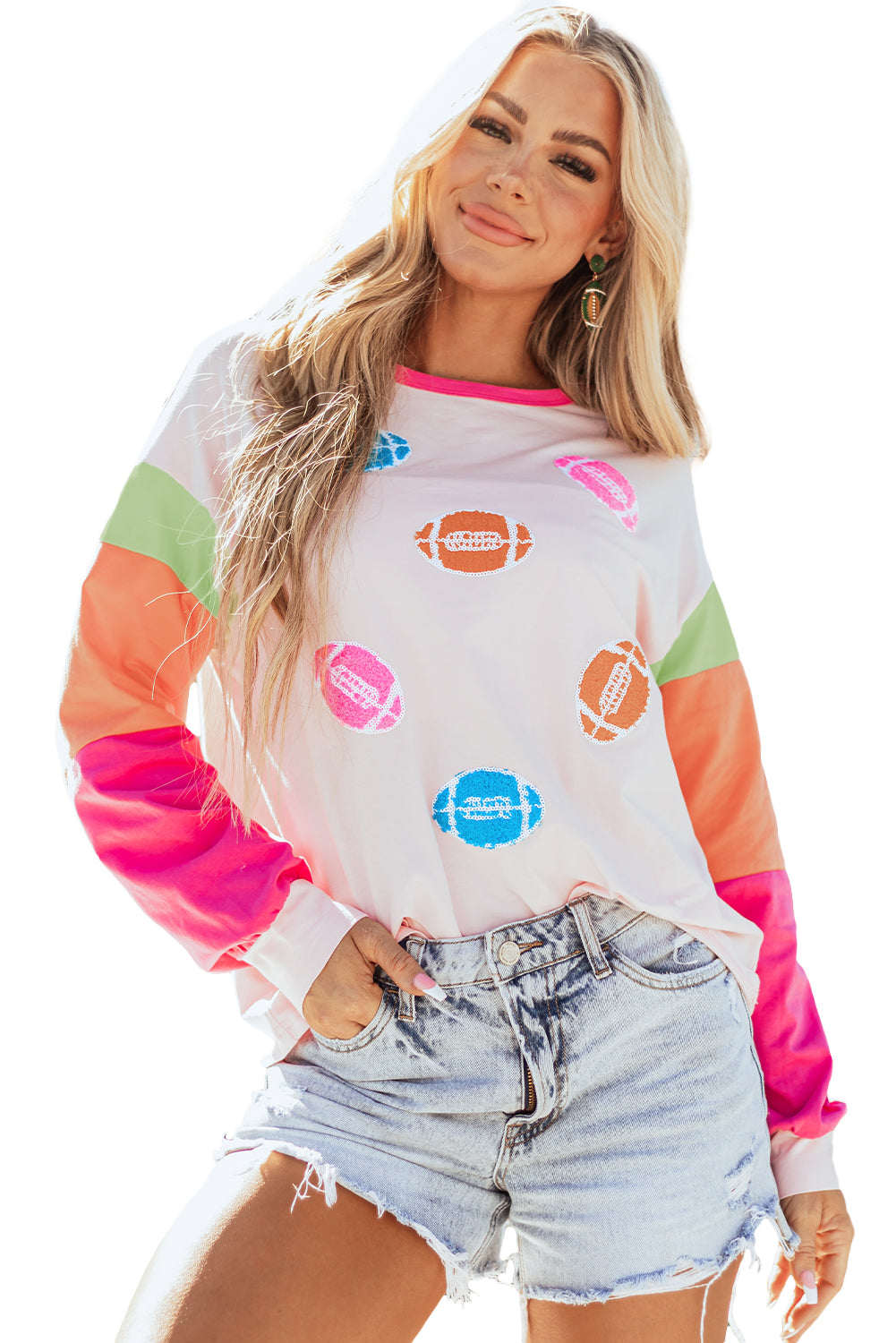 Game Day Rugby Football Graphic Colour Block Sleeve Top | Pink