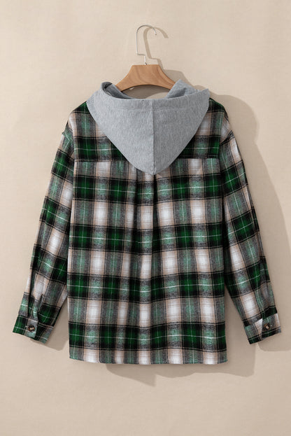 Plaid Print Chest Pocket Buttoned Hooded Shacket | Green