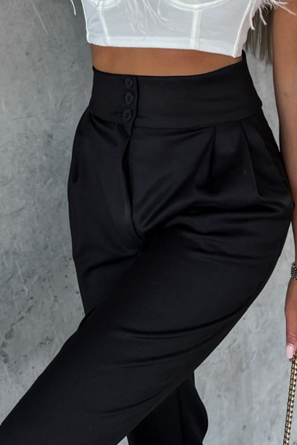 Button High Waist Tapered Pants | Black