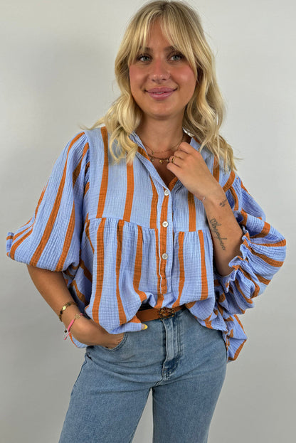 Crinckled Ruffled Sleeve Button Up Loose Shirt | Sky Blue Stripe