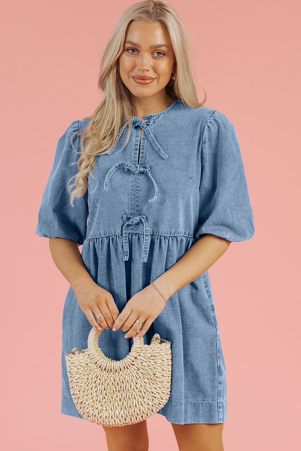 Bowknot Bubble Sleeve Short Denim Dress | Dusk Blue