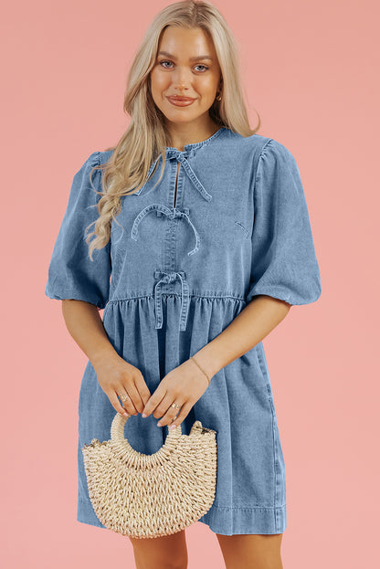 Bowknot Bubble Sleeve Short Denim Dress | Dusk Blue