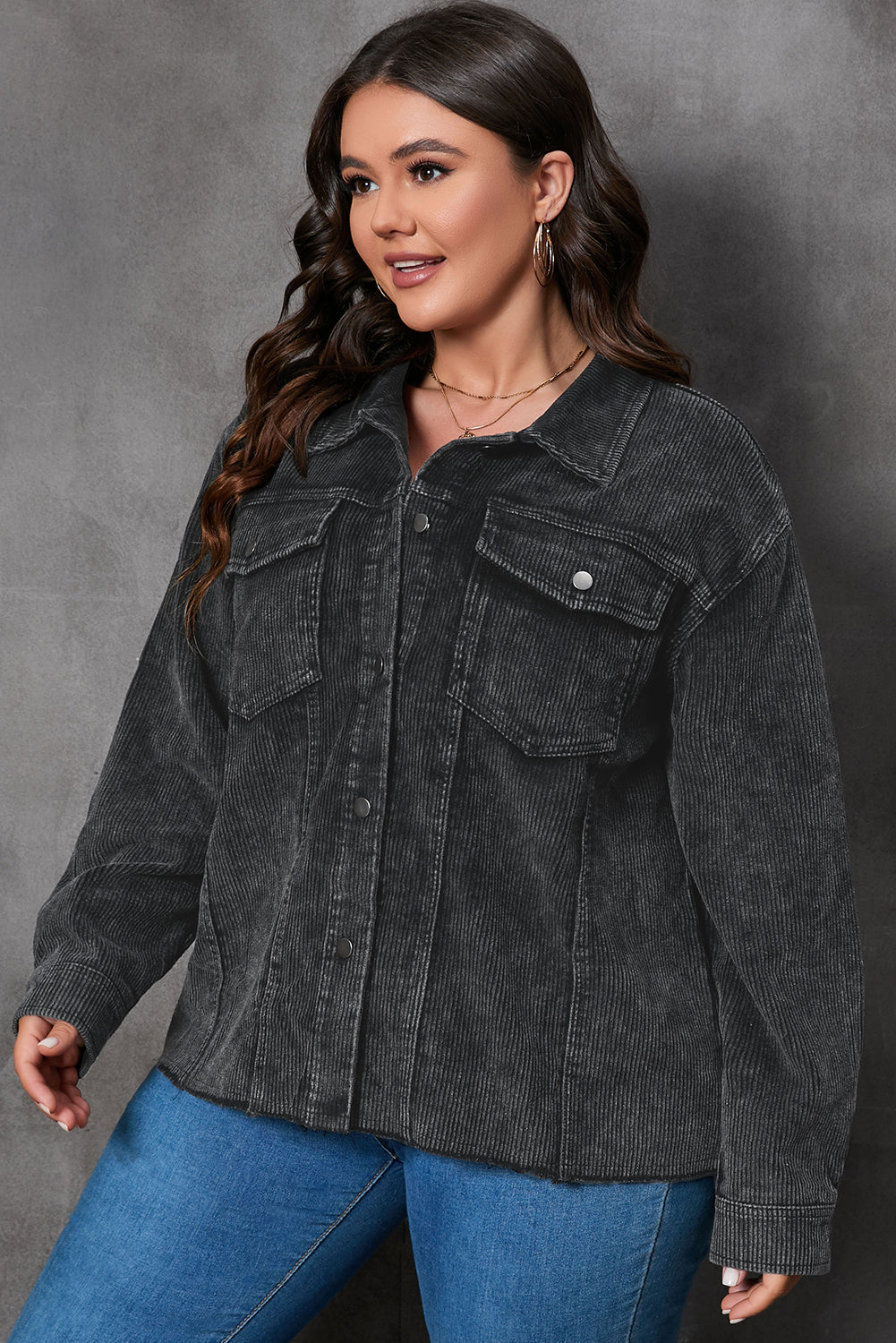 Plus Size Flap Pocket Raw Edge Corduroy Jacket | Gray