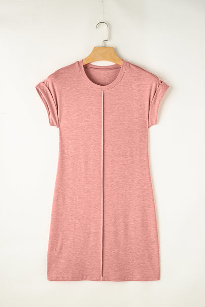 Center Seam Rolled Cuffs T-Shirt Dress | Rose Pink