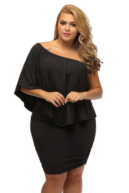 Plus Size Dressing Layered  Mini Poncho Dress | Black