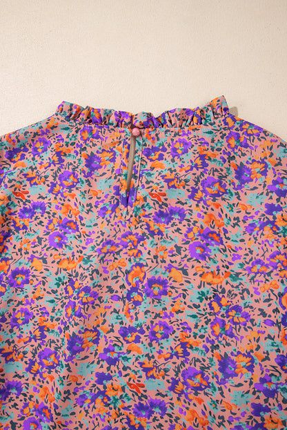 Floral Allover Print Shirred Cuff Frilled O Neck Blouse | Purple