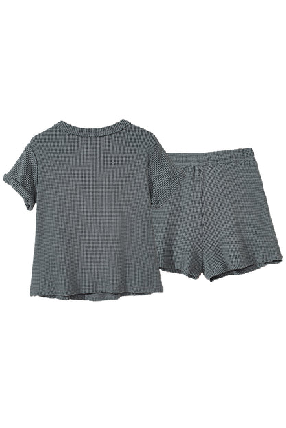 Waffle Knit Buttoned Top And Drawstring Shorts Set | Laurel Green