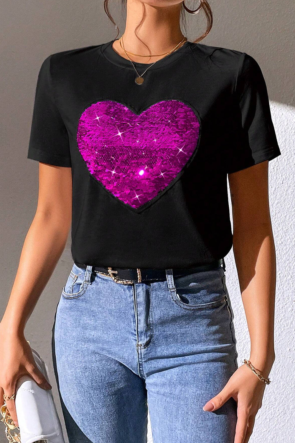 Valentine Two Tone Sequined Heart Shaped Graphic T Shirt | Black