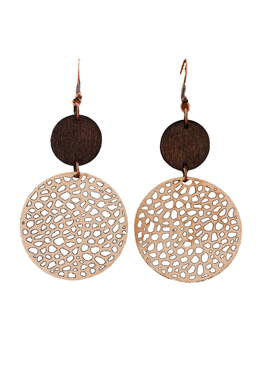 Hollow Out Wooden Round Drop Earrings | Khaki