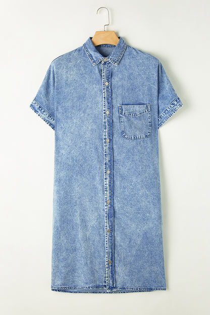 Loose Medium Wash Short Sleeve Shirt Chambray Dress | Light Blue