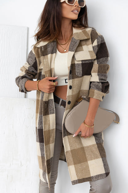 Khaki Plaid Button-Down Flap Pocket Long Shacket