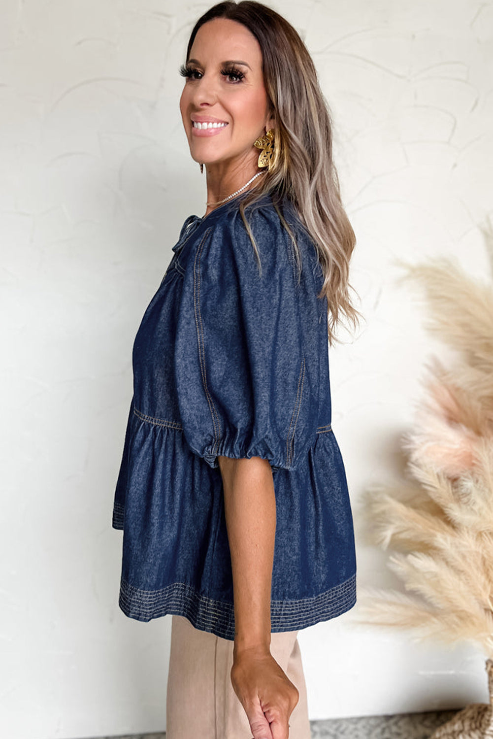 Puff Sleeve Lace-Up Neckline Splicing Denim Blouse | Sail Blue