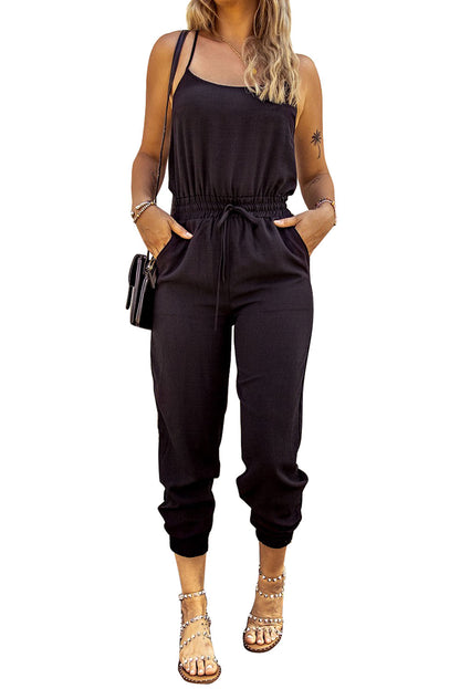 Drawstring Waist Spaghetti Straps Jumpsuit | Black