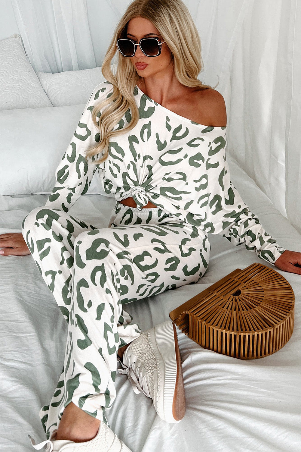 Leopard Animal Print Long Sleeve And Pants Loungewear Set | Beige