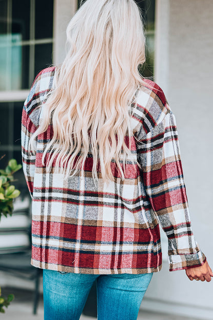 Fiery  Geometric Plaid Print Pocketed Shacket | Red