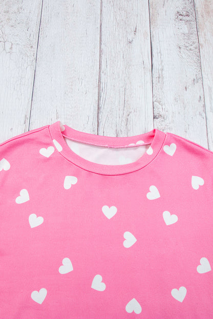 Valentine Heart Print Long Sleeve Tee And Shorts Lounge Set | Pink