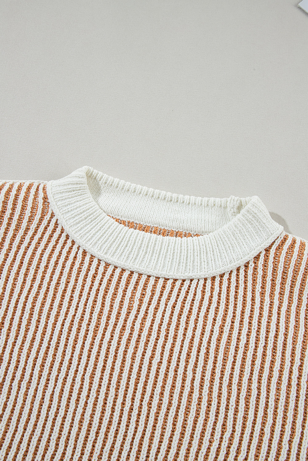 Striped Textured Knit Contrast Edge Loose Sweater | Chestnut