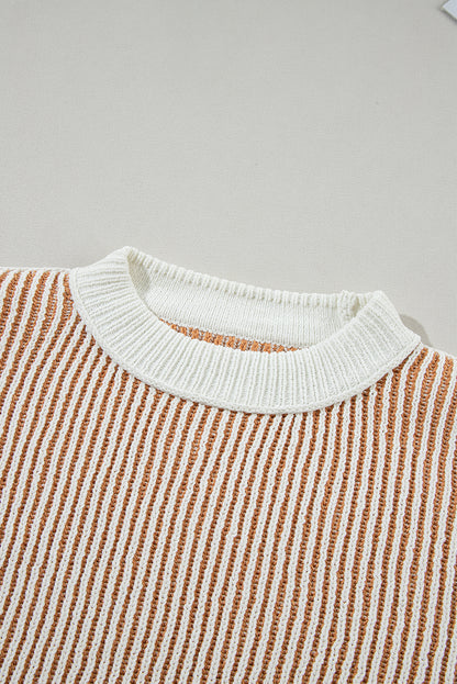 Striped Textured Knit Contrast Edge Loose Sweater | Chestnut