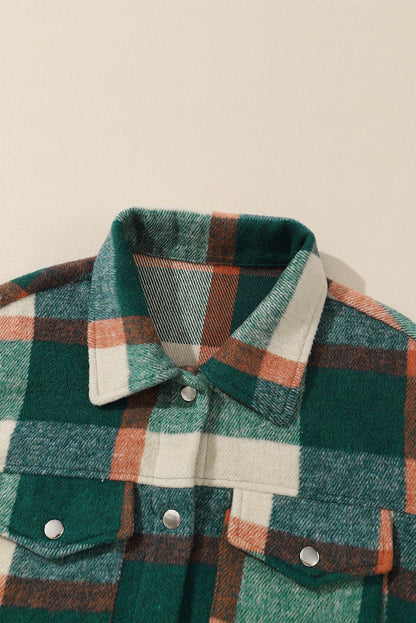 Plaid Snap Button Pocket Fringed Hem Jacket | Sea Green