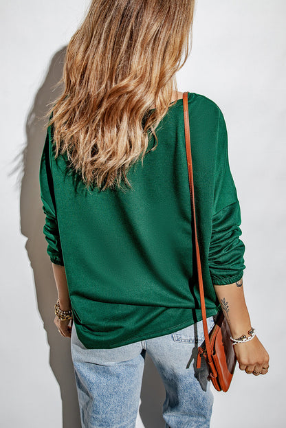 Leopard Clover Print Drop Sleeve Crewneck Top | Green