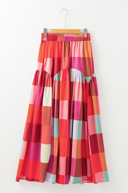 Plaid Print Ruched High Waist Casual Maxi Skirt | Multicolour