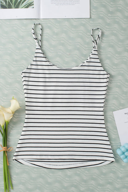 Adjustable Straps Ribbed Knit Tank Top | White Stripe