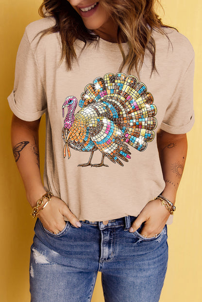 Thanksgiving Turkey Print Round Neck T Shirt | Khaki