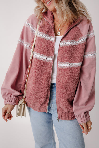 Sherpa Patchwork Lace Elastic Cuff Zip Up Jacket | Rose Pink