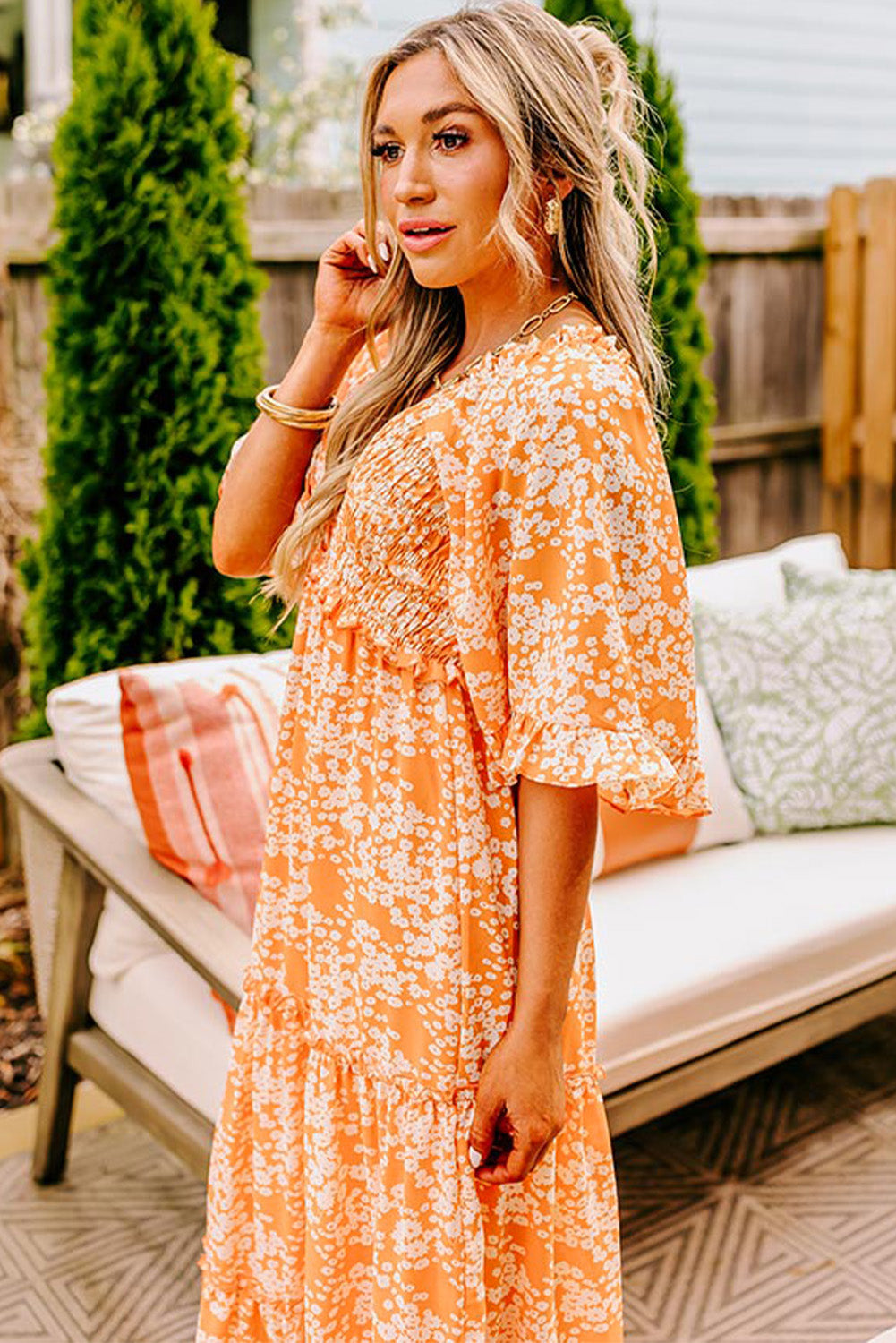 Floral Print Smocked V Neck Wide Sleeve Maxi Dress | Orange