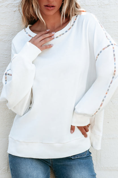 Contrast Rainbow Trim Drop Shoulder Pullover Sweatshirt | White