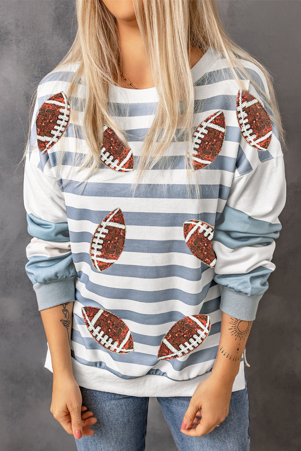 Sequined Rugby Football Pattern Pullover Sweatshirt | Stripe