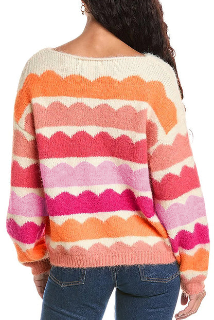 Wave Striped Balloon Sleeve Drop Shoulder Sweater | Rose Red