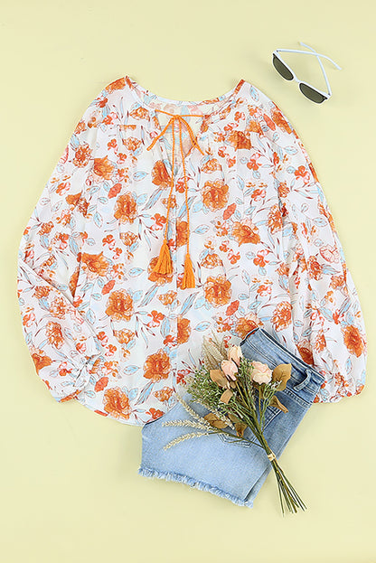 Split V Neck Floral Print Dolman Blouse | Orange