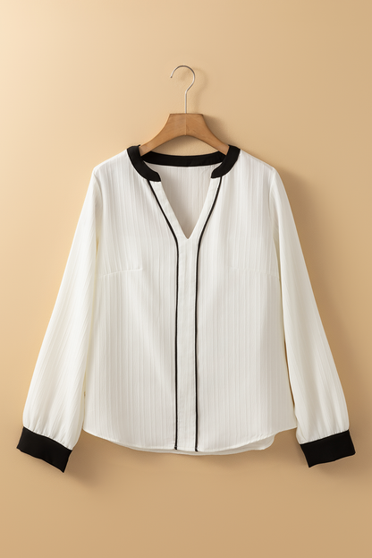 Textured Colourblock V Neck Elegant Blouse | White