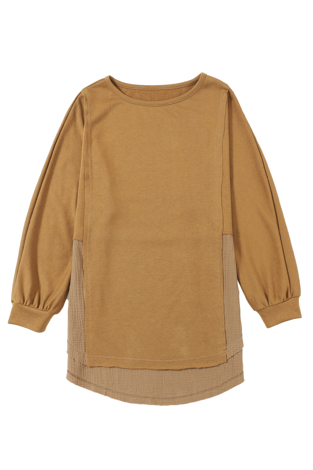 Crinkle Splicing Raw Hem High Low Oversized Blouse | Camel