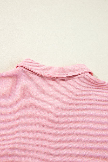 Ribbed Knit Collared Henley Top With Chest Pocket | Pink