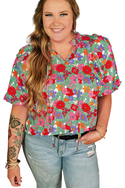 Plus Size Floral Print Ruffle V Neck Bubble Sleeve Blouse | Multicolour