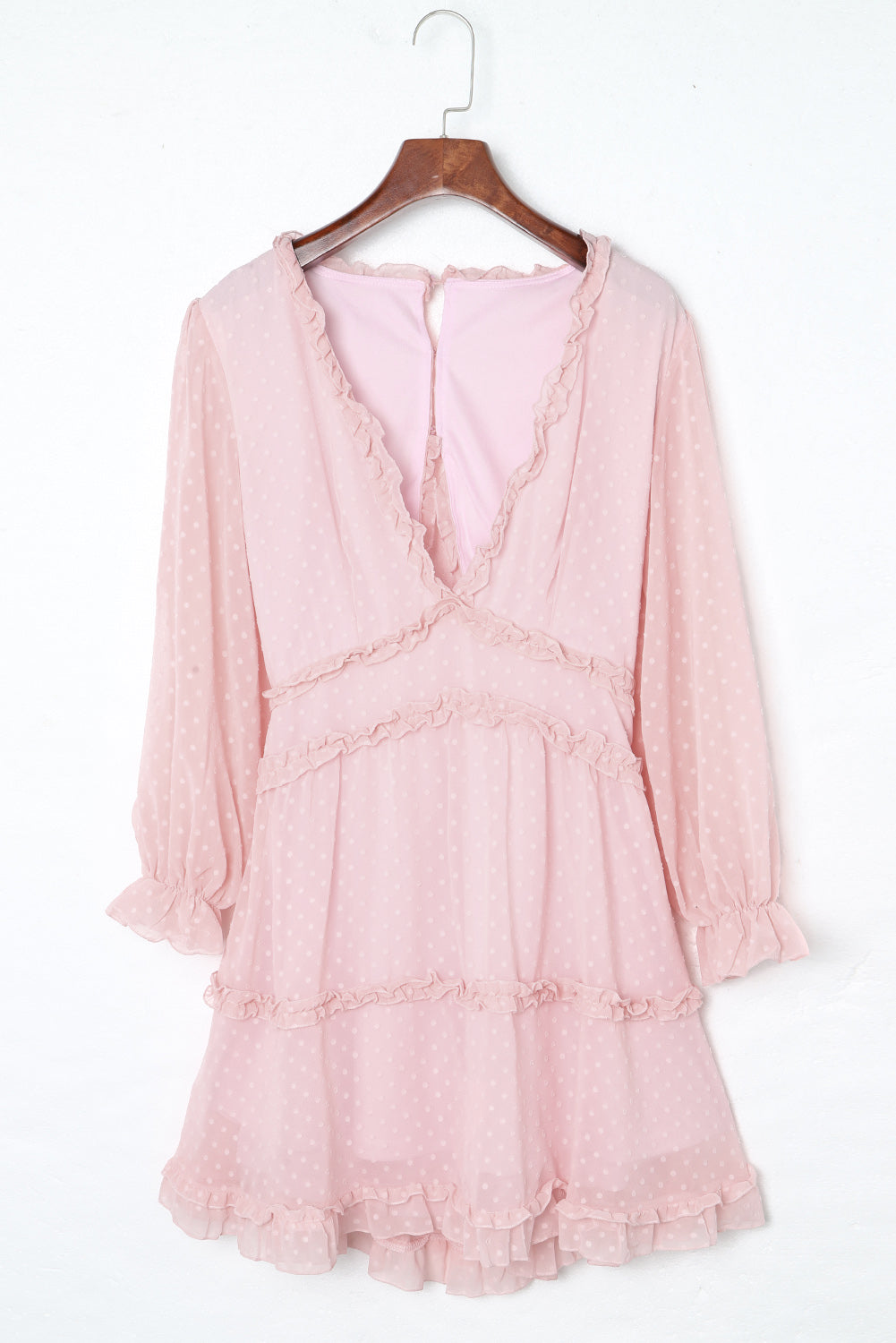 Layered Ruffled Open Back Puff Sleeve Swiss Dot Mini Dress | Pink