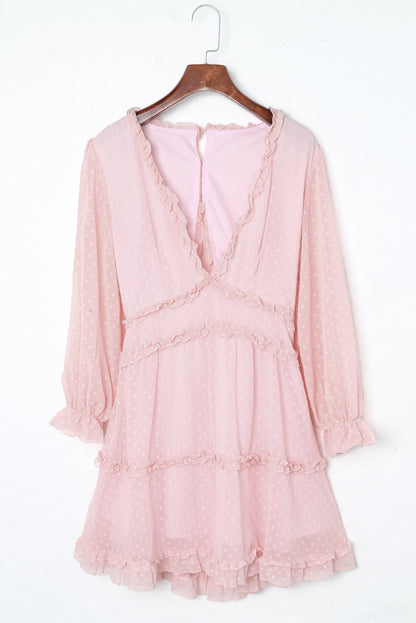 Layered Ruffled Open Back Puff Sleeve Swiss Dot Mini Dress | Pink