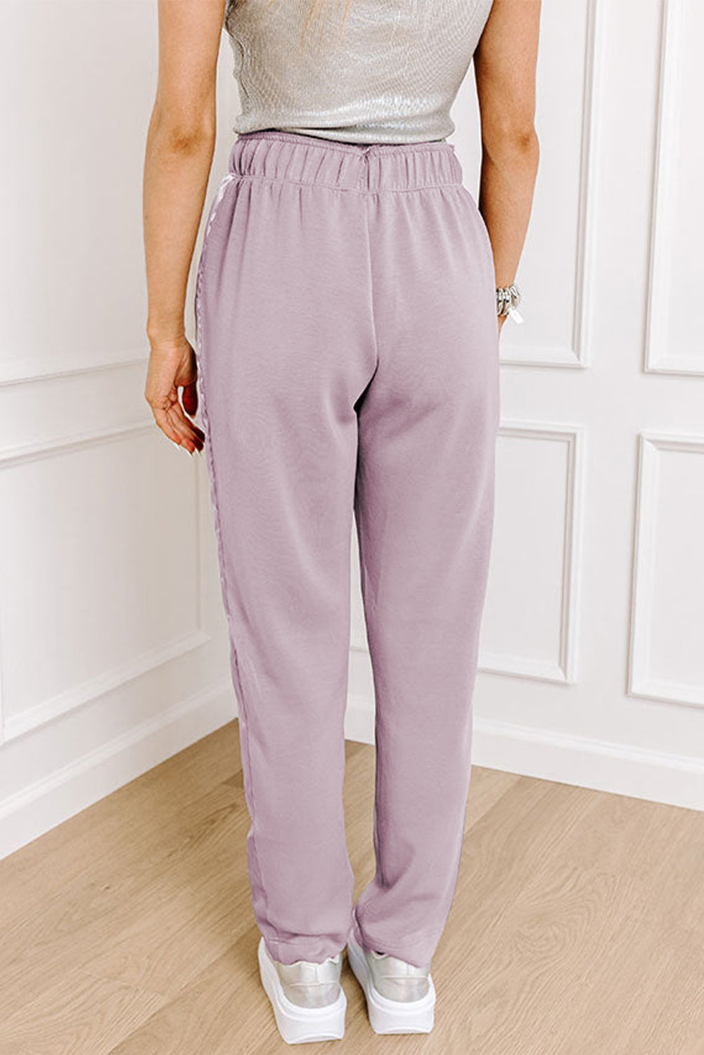 Drawstring Waist Satin Stripe Patch Straight Leg High Waist Pants | Orchid Petal