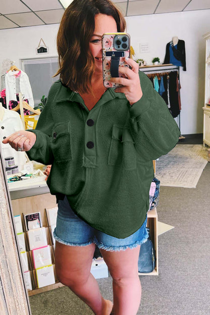 Plus Size Long Sleeve Flap Pocket Henley Top | Blackish Green