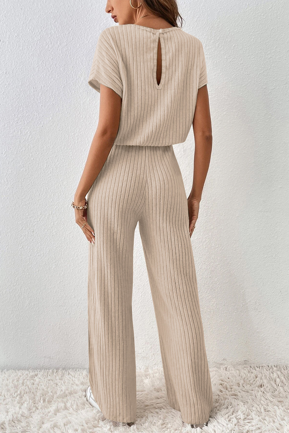 Solid Colour Ribbed Short Sleeve Wide Leg Jumpsuit | Parchment