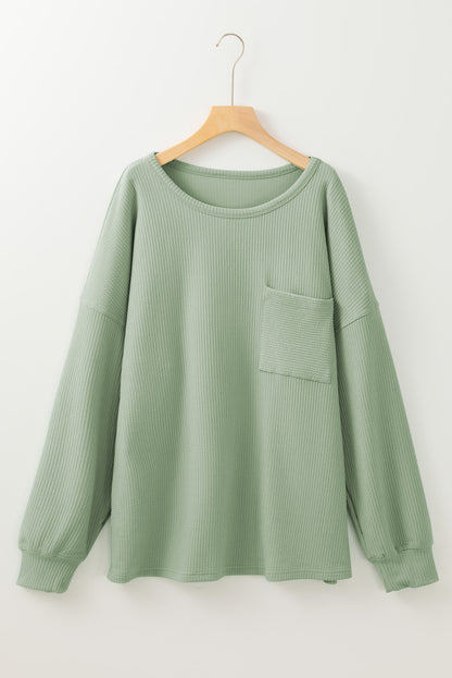 Plus Size Corded Knit Pocketed Crew Neck Top | Clearly Aqua