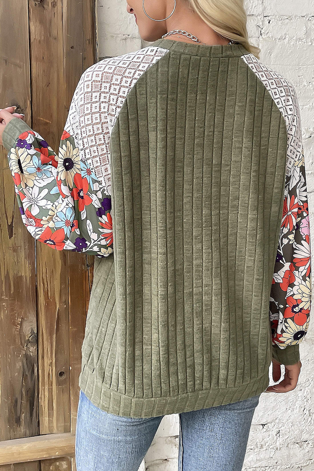 Plus Size Textured Floral Patchwork Raglan Sleeve Blouse | Vineyard Green