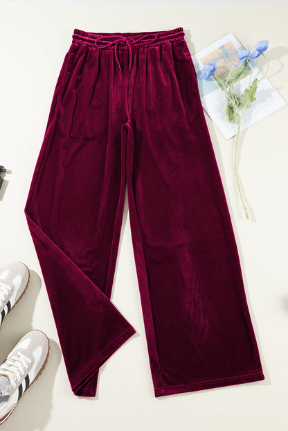 Solid Drawstring Waist Wide Leg Pants | Burgundy