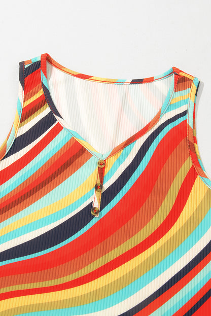 Wavy Striped Buttoned V Neck Tank Top | Multicolour