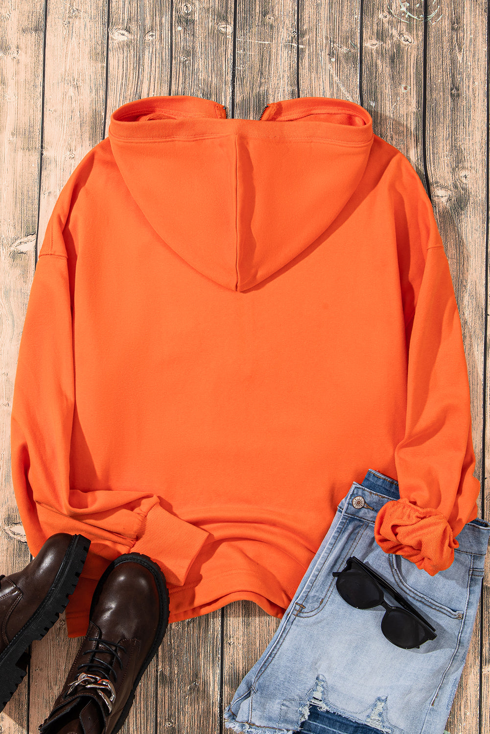 Solid Kangaroo Pocket Half Zipper Oversized Hoodie | Orange